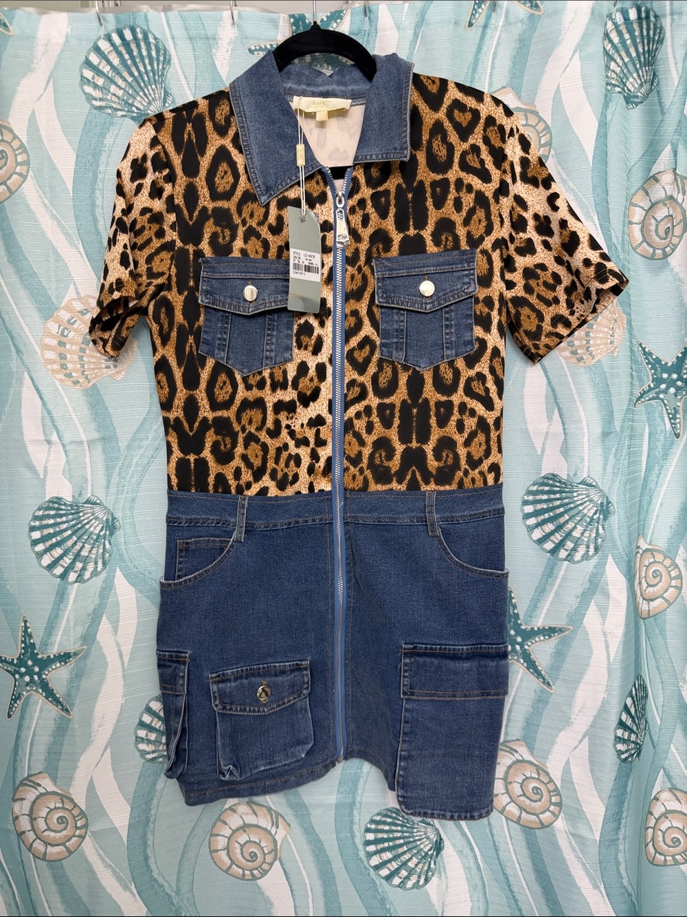 Leopard Print & Denim Zip-Front Shirt Dress
